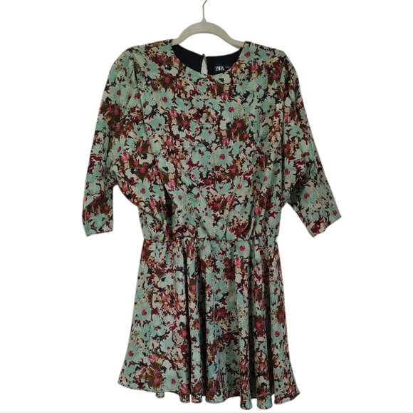 Zara Structured Blouson Mini Dress Floral Retro Vibes Size XS - Picture 1 of 4